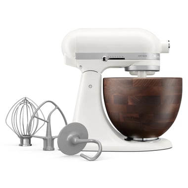 Mikser planetarny KitchenAid Artisan 5KSM156 w kolorze Porcelain z misą z drewna orzecha 4,7 l, rózgą, mieszadłem płaskim i hakiem